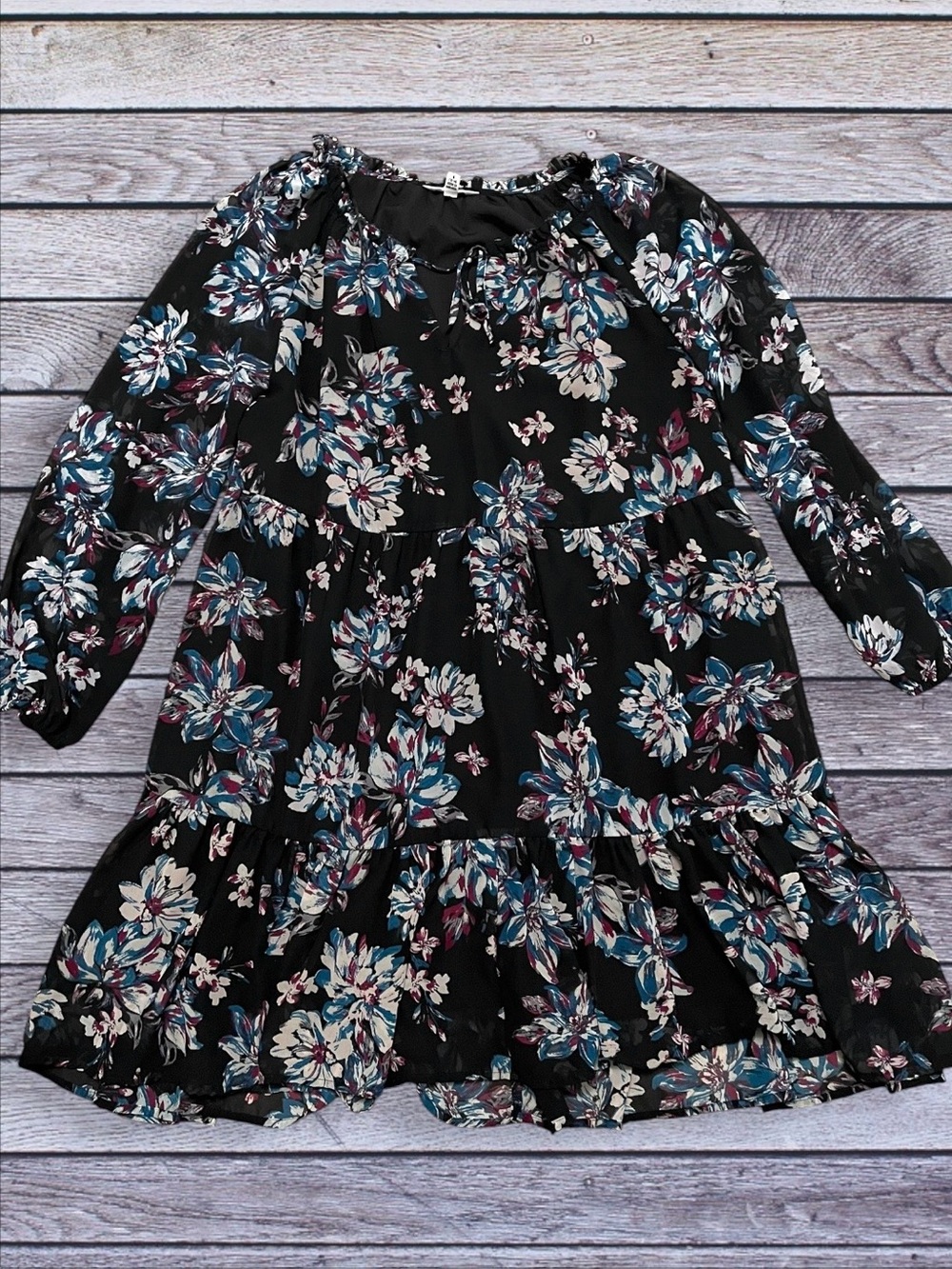 Studio A Floral Tiered Dress with Blue & Cream Blooms Large